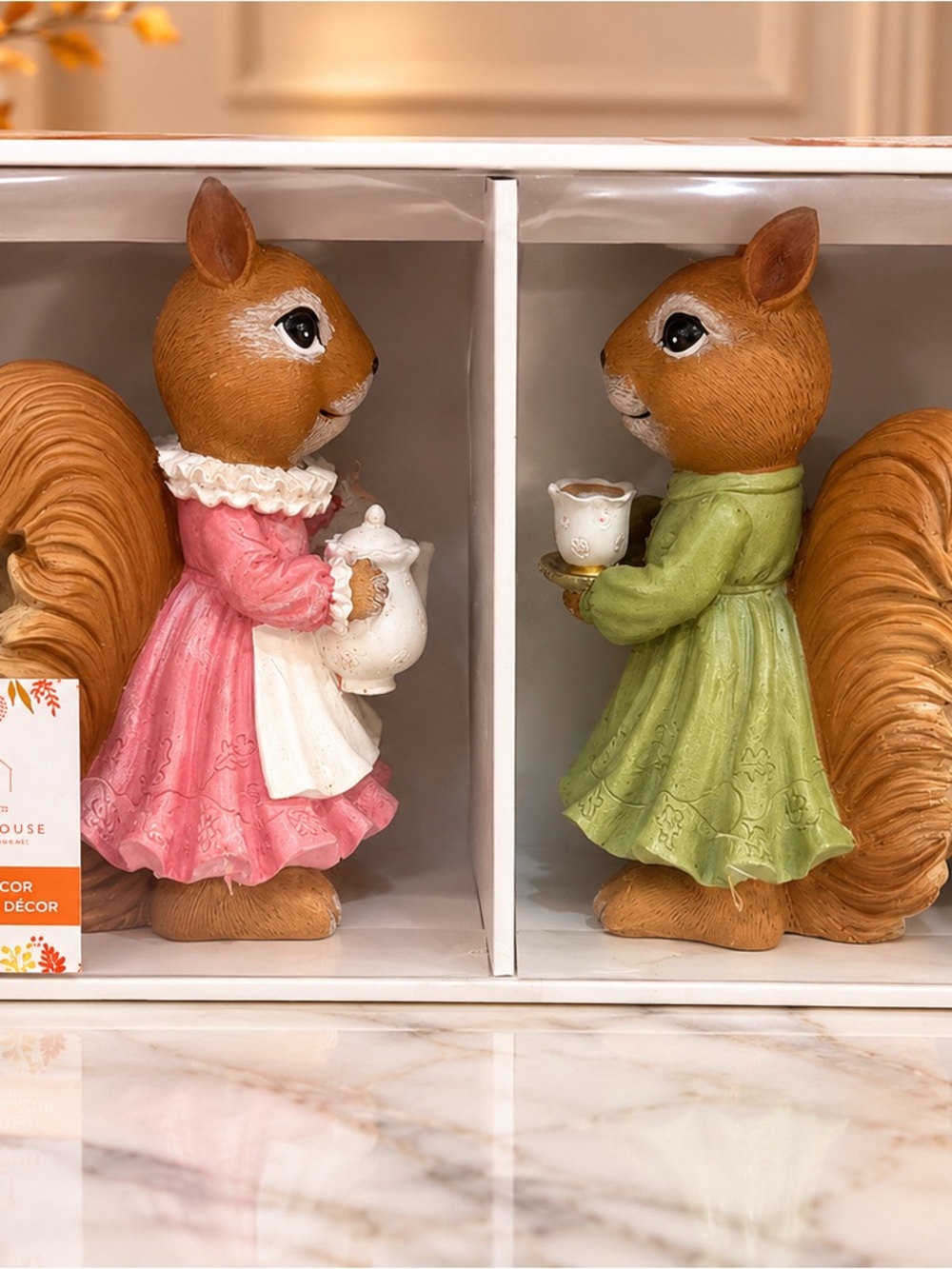 Tea-Party Squirrel Figurine Pair - Pink & Green Dresses